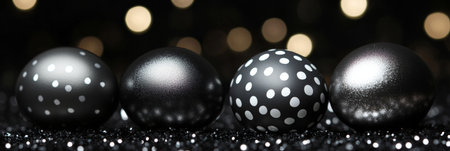 Elegant Black  Silver Glitter Easter Eggs on Black Sparkling Background. Copy Space on topの素材