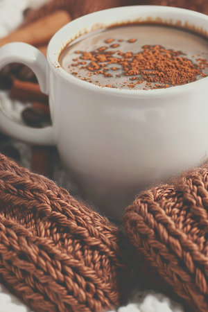 Cozy Winter Still Life Hot Coffee with Cinnamon and Knitted Mittens on a Soft Backgroundの素材