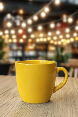 Cheerful Yellow Coffee Mug on Wooden Table Blurred Cozy Cafe Background with Warm String Lightsの素材