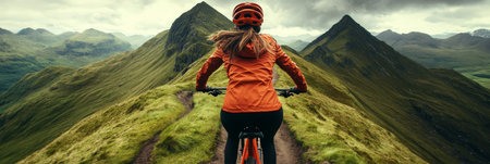 Female Mountain Biker Conquers a Scenic Ridge Trail, Exploring the Beauty of Nature on Two Wheelsの素材