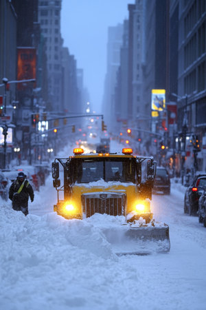 Urban Snow Removal in Action Snowplow Clears City Street During Heavy Winter Blizzardの素材