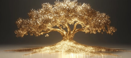 Luminous Golden Tree A 3D Render of a Majestic Shimmering Tree Bathed in Golden Lightの素材