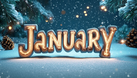 January in Lights Frosty, Illuminated Typography Against a Festive, Snow-Covered Landscapeの素材
