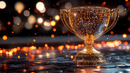 Digital Trophy On Red Technology Background. Success, Innovation Concept With Lines, Dots.の素材