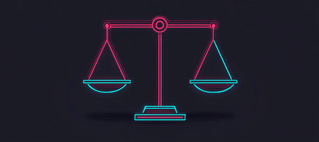 Neon Balance Scales Illustration A Symbol of Justice and Fairness on a Dark Backgroundの素材