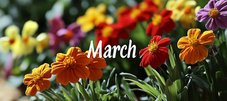 Vibrant March Flowers A Beautiful Garden Display of Colorful Blooms Ushering in Springの素材