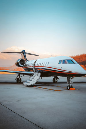 Luxurious Private Jet Parked on Runway at Sunset, Symbol of Wealth, Success, and Exclusive Travelの素材