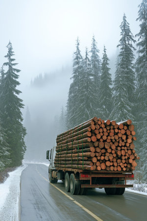 Logging Truck Carrying Timber on a Mountain Road, Winter Transport in Snowy Conditions, Foggy Forestの素材