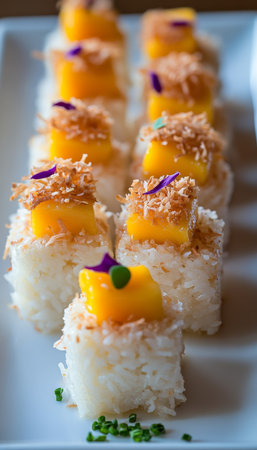 Mango Sticky Rice Bites, Coconut Flakes, Jasmine Rice, Culinary Delights, Food Photographyの素材