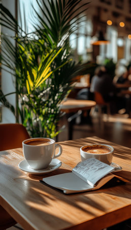 Coffee Break Inspiration Open Sketchbook and Steaming Cups on a Sun-Drenched Cafe Tableの素材
