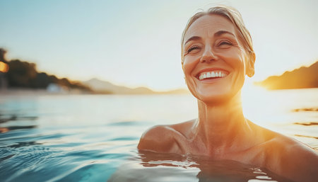 Golden Hour Swim Radiant Mature Woman Emerges from Ocean with Joyful Smile at Sunsetの素材