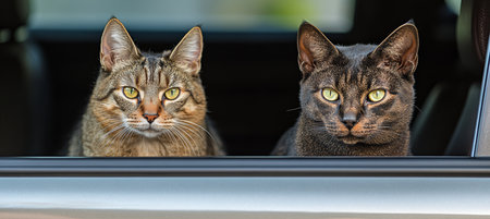 Two Cats Peeking Through a Car Window Adventures of Feline Passengers on the Road Trip.の素材