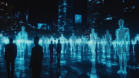 Network of Interconnected, Glowing Human Figures against Futuristic Cityscape at Nightの素材