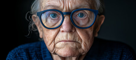 Close Up Portrait of a Serious Senior Woman with Glasses Conveying a Sense of Sadness.の素材