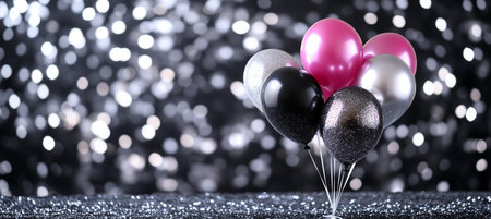 Pink, Black, and Silver Balloons on Glitter with Festive Bokeh for Parties or Celebrations.の素材
