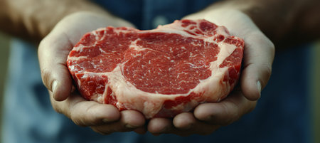 Close up, male hands carefully hold a large, uncooked, fresh beef steak for. Healthy Food Concept.の素材