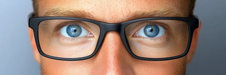 Close-Up of Male Eyes Wearing Stylish Glasses, Emphasizing Clear Vision and Modern Eyewearの素材