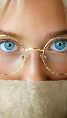 Close-up Portrait of a Beautiful Blonde Woman with Big Blue Eyes Peeking Over Stylish Eyeglasses,の素材