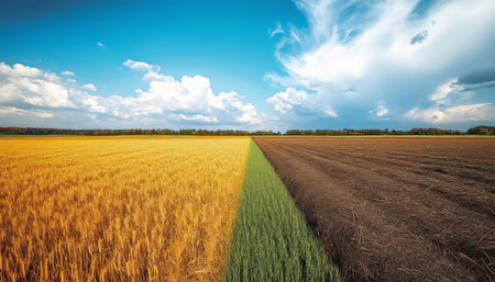 Golden Contrast Cultivated Field, Crop Diversity, and Sustainable Agriculture Under Blue Skyの素材