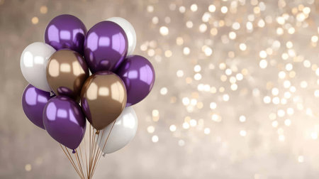 Festive Celebration Bunch of Purple, White, and Bronze Balloons on a Blurry Sparkling Backgroundの素材