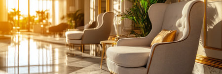Elegant chairs in a sunlit hotel lobby, creating a luxurious and inviting atmosphere.の素材