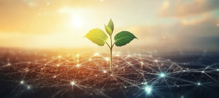 Small Green Sprout Growing From Network, Concept Of Digital Agriculture And Smart Farmingの素材
