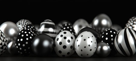 Black and White Easter Eggs on a Black Background Close Up with Place for Text Festive Backgroundの素材