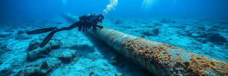Underwater Pipeline Inspection A Diver in Full Gear Examines the Integrity of a Submerged Pipelineの素材