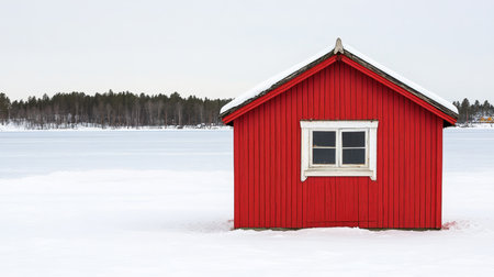 Winter Wonderland Picturesque Red Cabin in Snow, Embracing the Tranquility of a Northern Forestの素材
