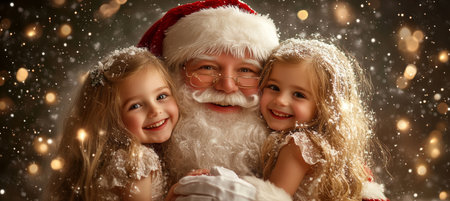 Christmas Magic Santa Claus Poses with Two Cheerful Little Girls, Sparkling Bokeh Background.の素材