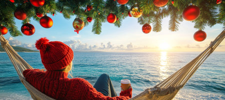 Woman Relaxing in a Festive Hammock on Beach with Drink. Winter Holidays by the Sea.の素材
