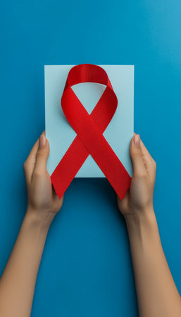 Hands holding a white gift box with a red ribbon on a blue background, World AIDS Day concept.の素材