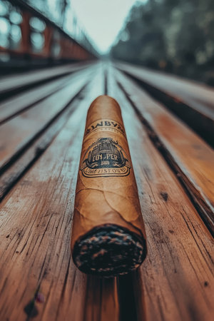 Close-up, Hand-Rolled Premium Cigar Resting on Weathered Wood, Relaxation Amidst Gloomy Weatherの素材