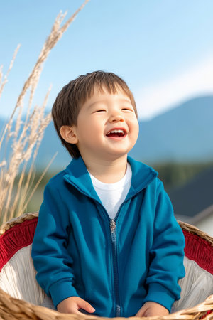Happy Asian Toddler Boy Laughing In A Wicker Basket With Mountains, Blue Sky, And Pampas Grass.の素材