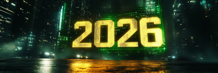 Futuristic Cityscape With Illuminated 2026 Sign, Representing Technological Advancementの素材