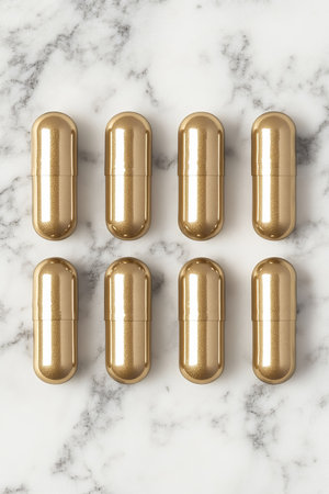 Luxury Golden Softgel Capsules Arrayed on Marble A High-End Wellness and Beauty Imageの素材