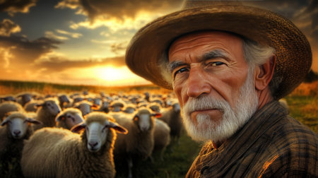 Shepherd. Wisdom of Age. Sunset over Pasture. Portrait of Rural Harmony and Tranquility.の素材
