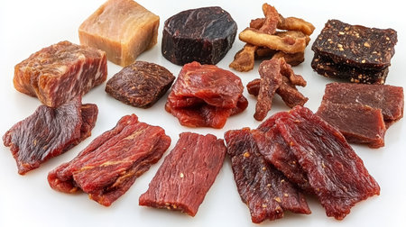 Assortment of Various Dried Meat Snacks Delicious Display of Beef, Pork, and Tuna Jerkyの素材
