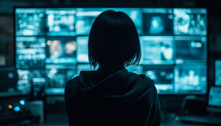 Media Monitoring Center Silhouette Against a Wall of Data, Analyzing the Flow of Informationの素材