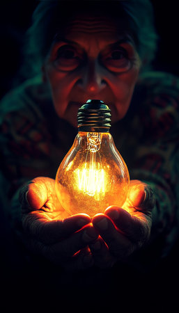 Wisdom Illuminates the Way Senior Woman Holds a Glowing Light Bulb Symbolizing Experienceの素材