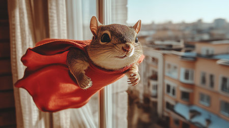 Adorable Rodent Superhero Takes Flight Dynamic Window Pose, Realistic Photography Styleの素材