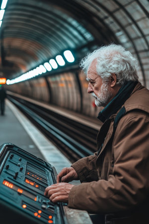 Focused Subway Operator at Control Panel, Managing Transit System in Underground Tunnelの素材