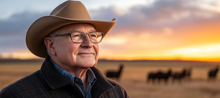 Content Senior Farmer in Cowboy Hat Watches Over His Llamas as the Sun Sets on His Ranchの素材
