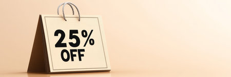 Shopping Bag with 25 Off Text Isolated on Beige Background, Perfect for Sales and Promotionsの素材