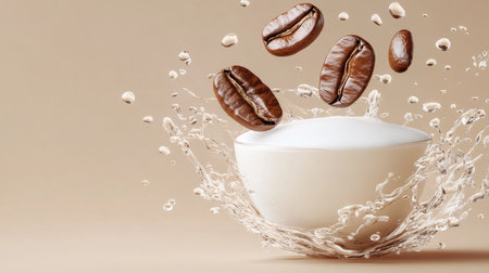 Coffee beans colliding with milk, creating a dynamic, refreshing vortex in a white cup, close up.の素材