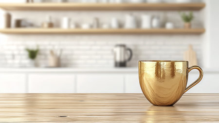Golden Coffee Mug on a Rustic Wooden Table Cozy Kitchen Background, Minimalist Decorの素材