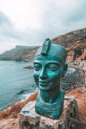 Smiling Pharaoh Statue Ancient History Meets Coastal Tranquility, Serenity, and Majestyの素材