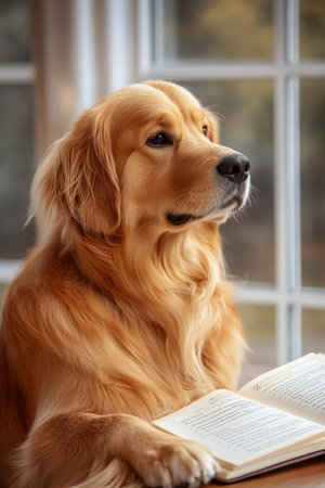 Curious Golden Retriever Contemplating a Book A Heartwarming Portrait of Canine Intelligenceの素材