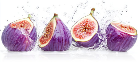 Fresh Figs Splashing, Juicy Purple Figs on a White Background, Refreshing Fruit Splashの素材