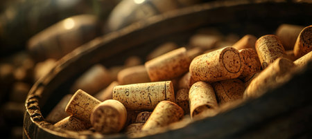 Close-Up of Used Wine Corks Stacked in a Rustic Wooden Barrel, Showcasing Wine Culture and Historyの素材